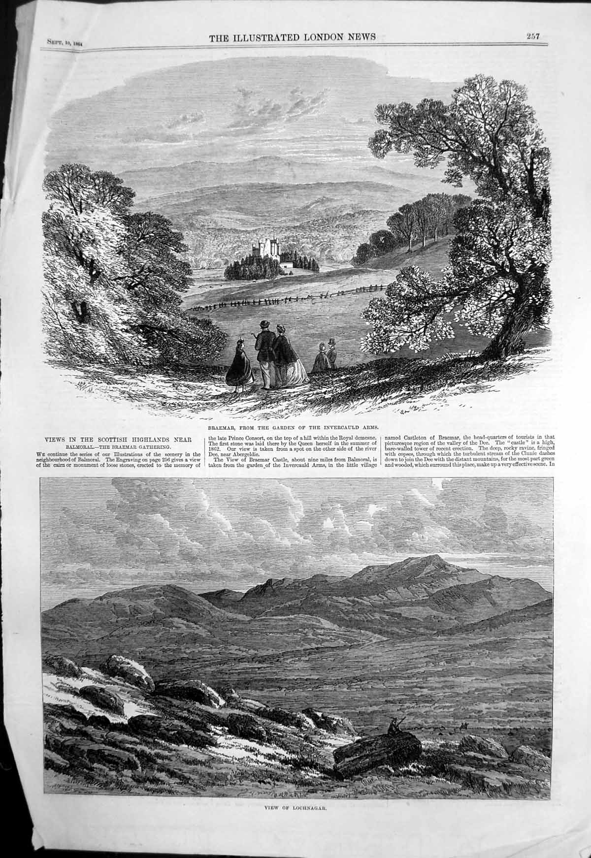 Old Antique Print Braemar Garden Invercauld Arms Lochnagar Scotland 1864 19th