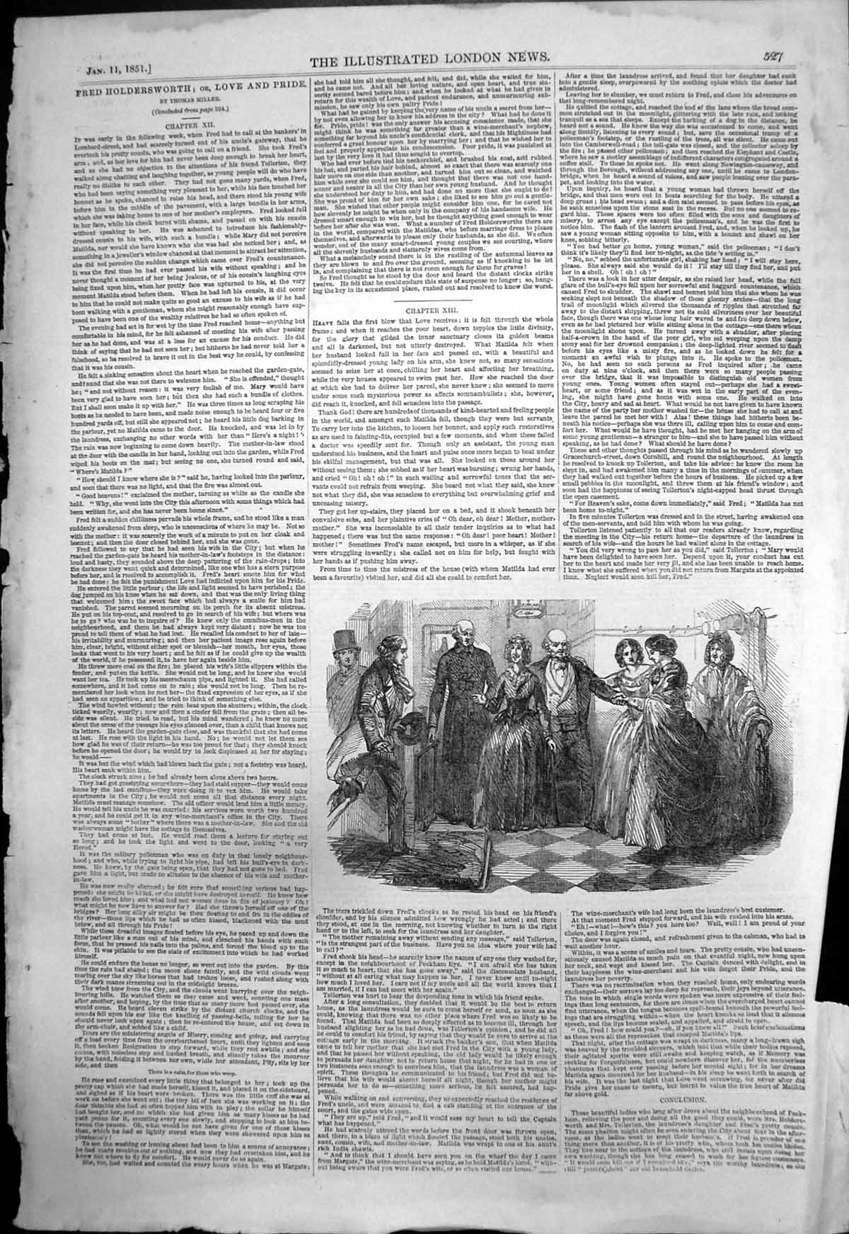 Original Old Antique Print Fred Hersworth Love Pride Group People Hallway 1851