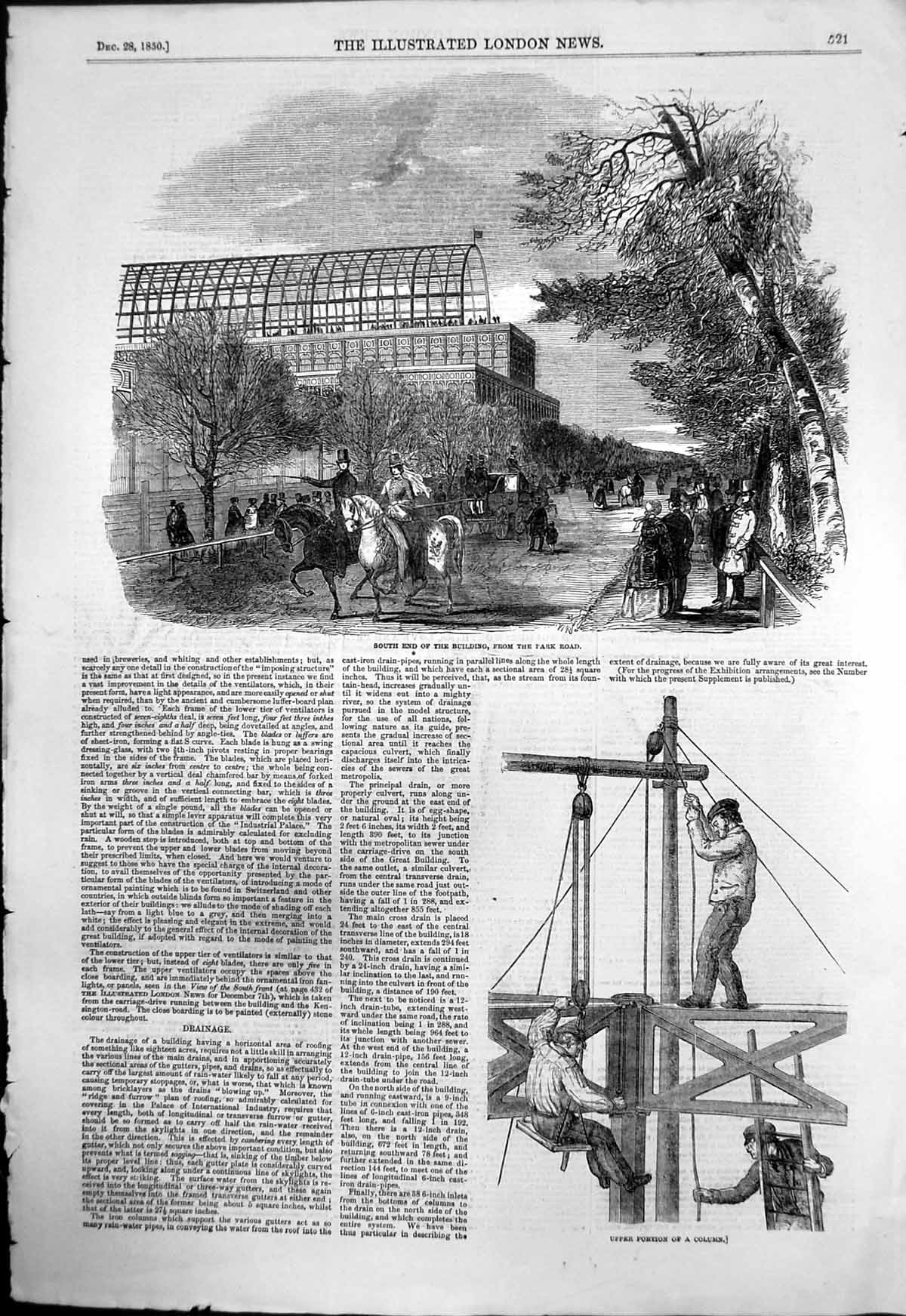 Antique Old Print South Building Crystal Palace Park Road Workmen Column 1850