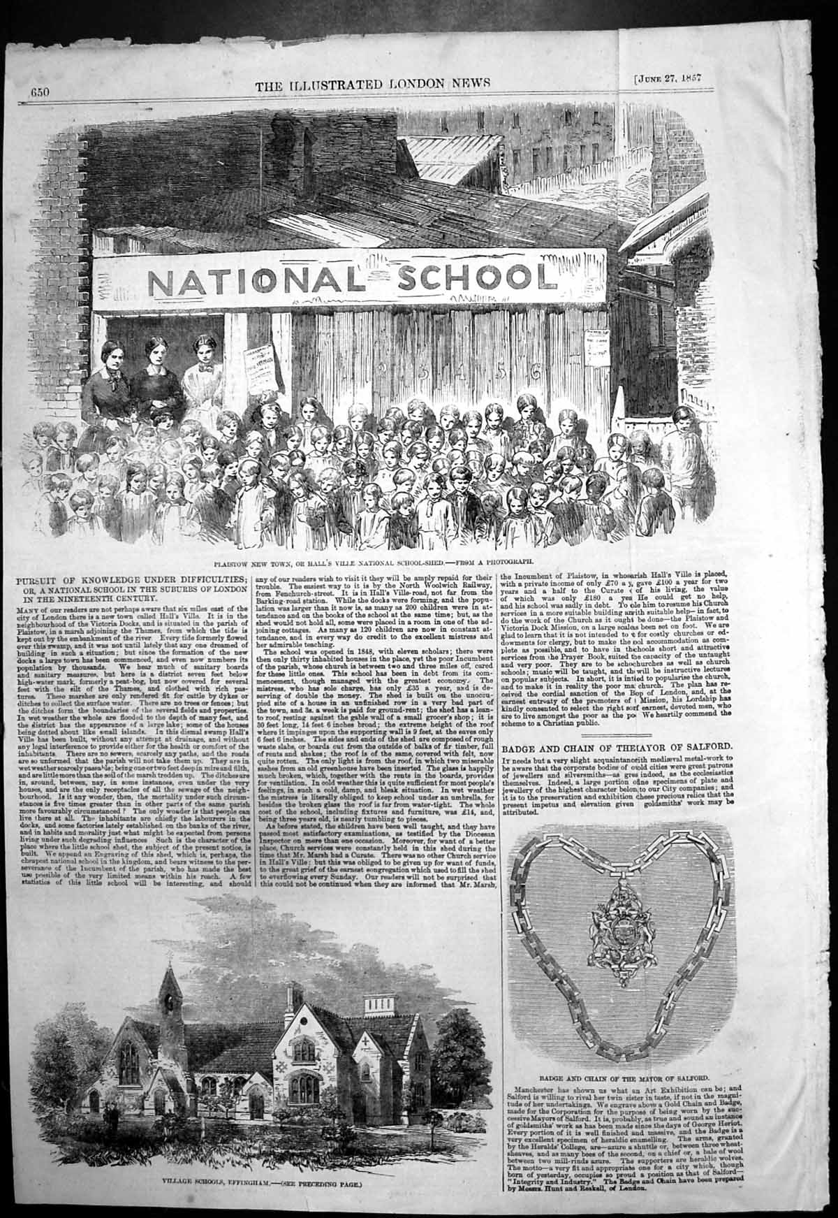 Old Print Village School Effingham Halls Ville National School-Shed 1857 19th