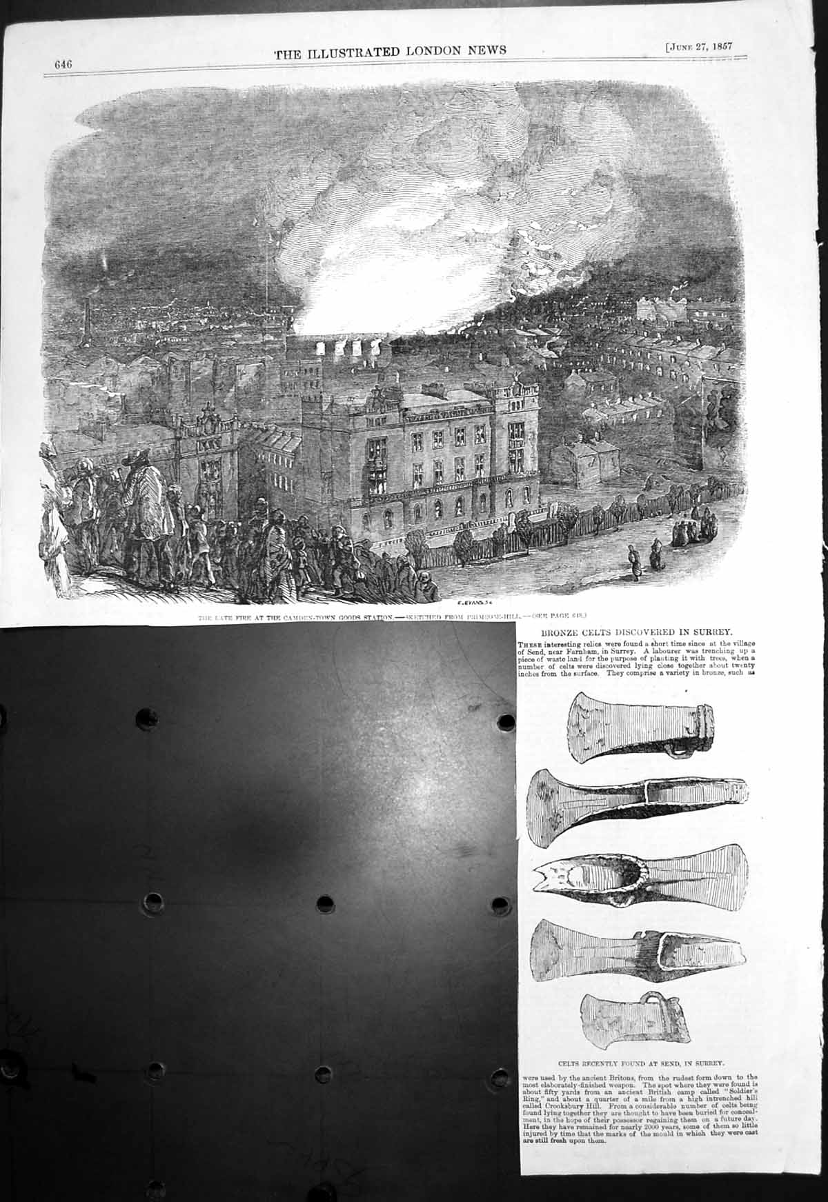 Antique Old Print Fire Camden Town Goods Station Celts Discovered Send 1857