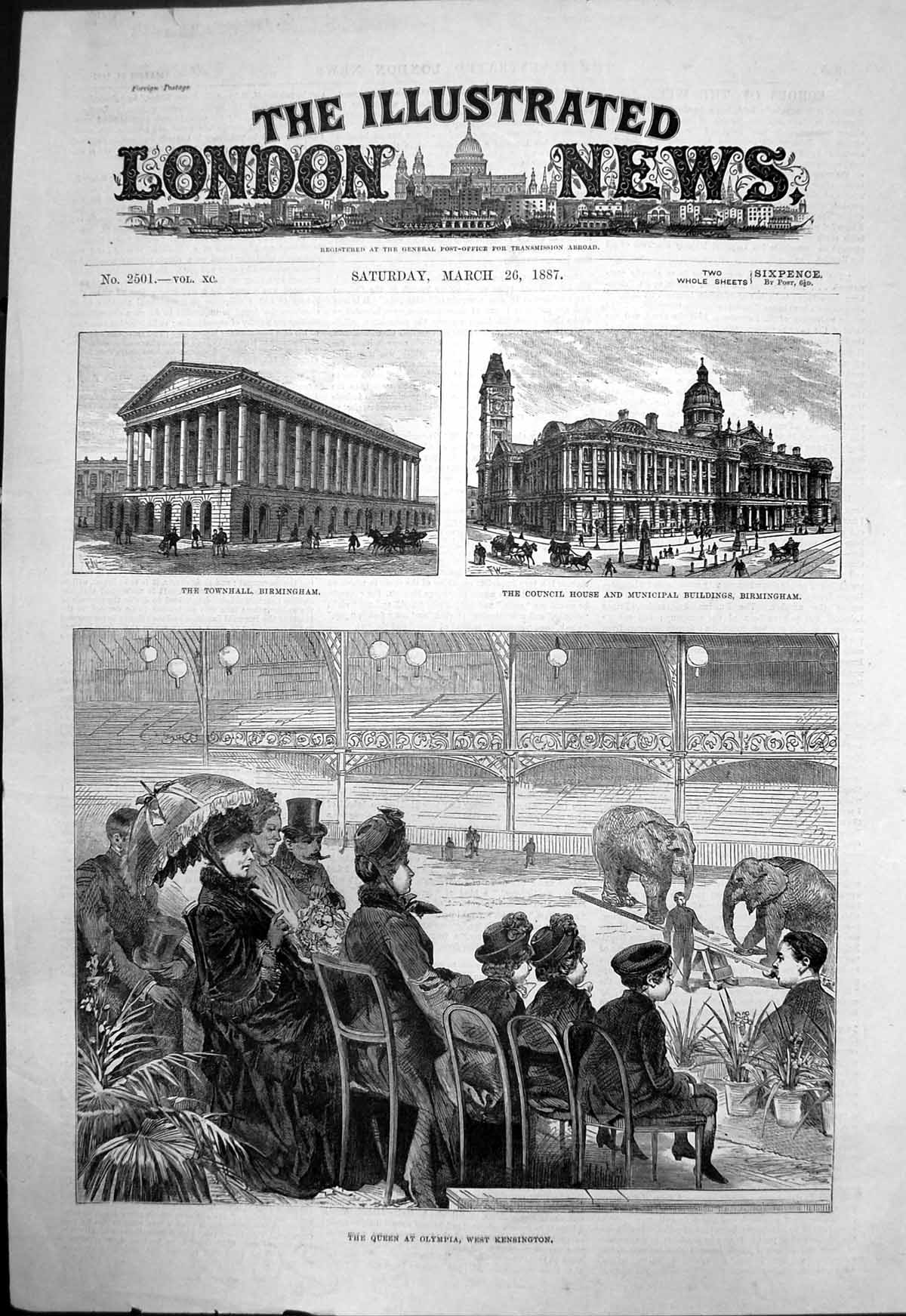 Old Antique Print Queen Olympia West Kensington Townhall Birmingham 1887 19th