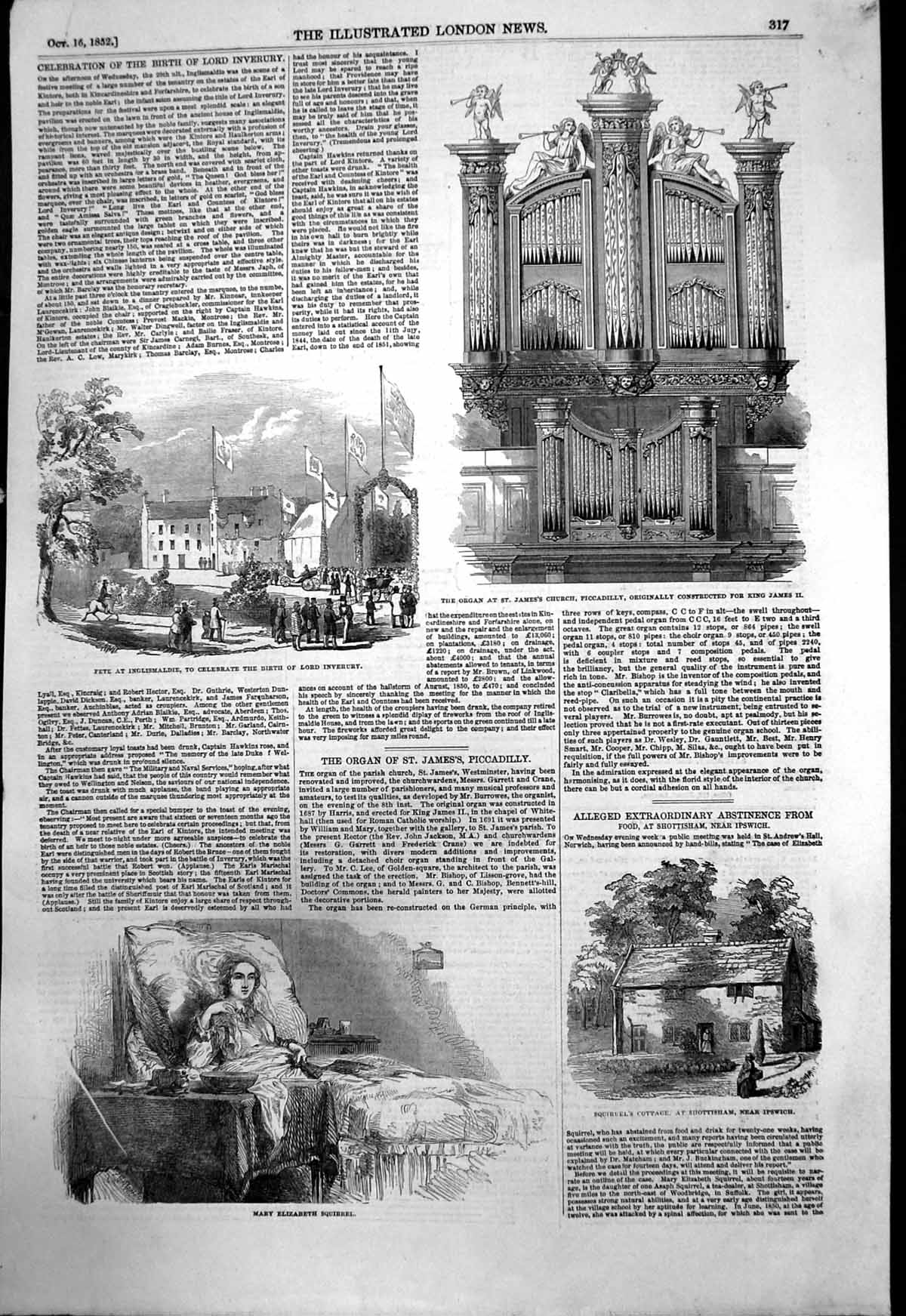 Old Print Organ St James Church Piccadilly Birth Lord Inverury Fete 1852 19th