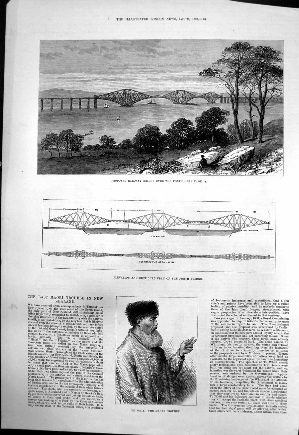 Antique Old Print Whiti Maori Prophet Plan Proposed Forth Railway Bridge 1882