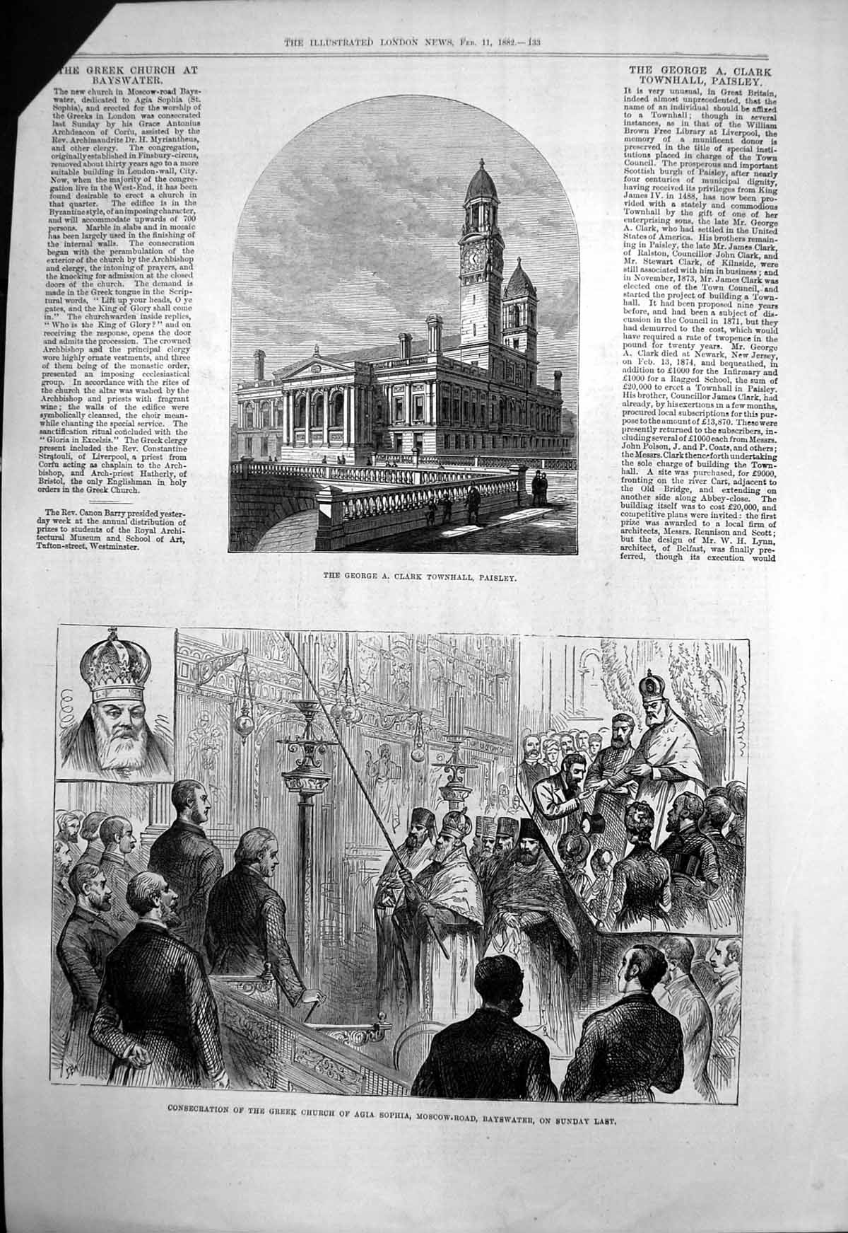 Antique Old Print Consecration Greek Church Bayswater Townhall Paisley 1882