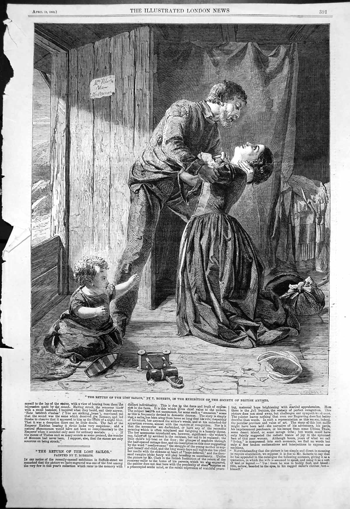 Original Old Antique Print Return Lost Sailor T Roberts Couple Young Child 1862