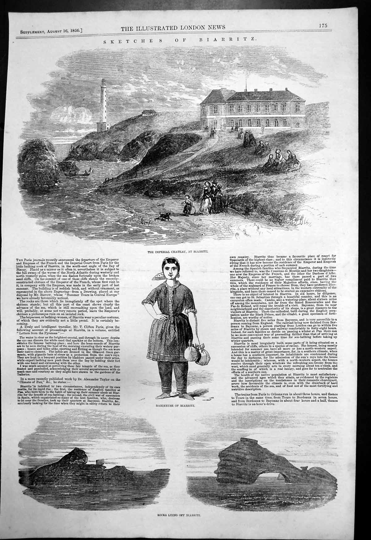 Antique Old Print Biarritz Imperial Chateau Baigneuse Rocks Off Shore 1856 19th