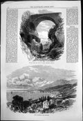 Antique Old Print Mentone Pont St Louis Ruins Roman Aqueduct View Town 1869