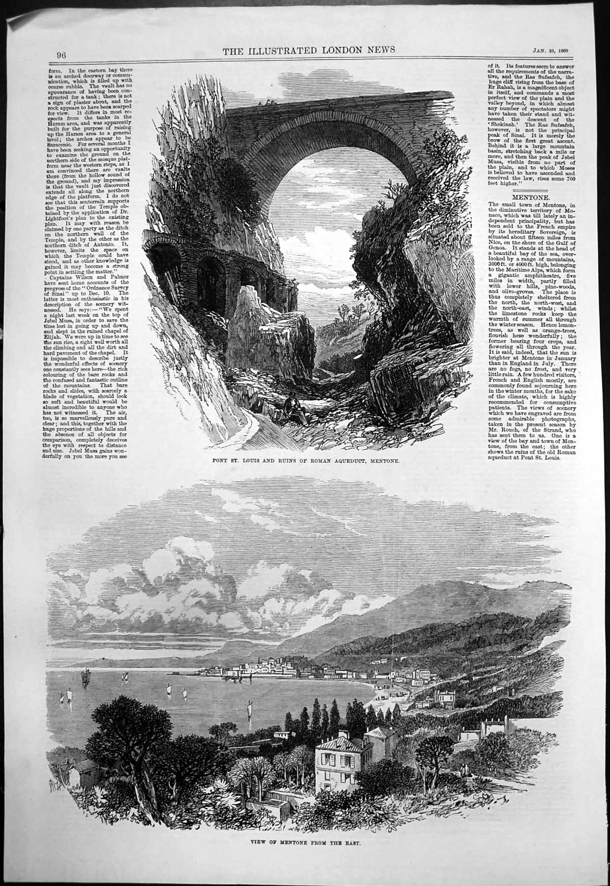 Antique Old Print Mentone Pont St Louis Ruins Roman Aqueduct View Town 1869
