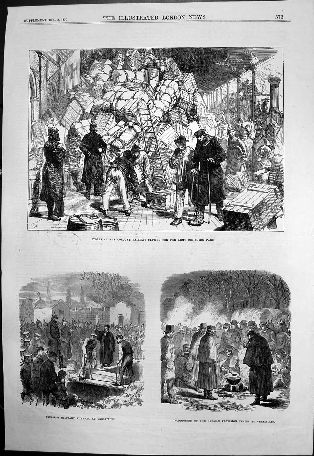 Antique Old Print Versailles Prussian Military Funeral Waggoners Trains 1870