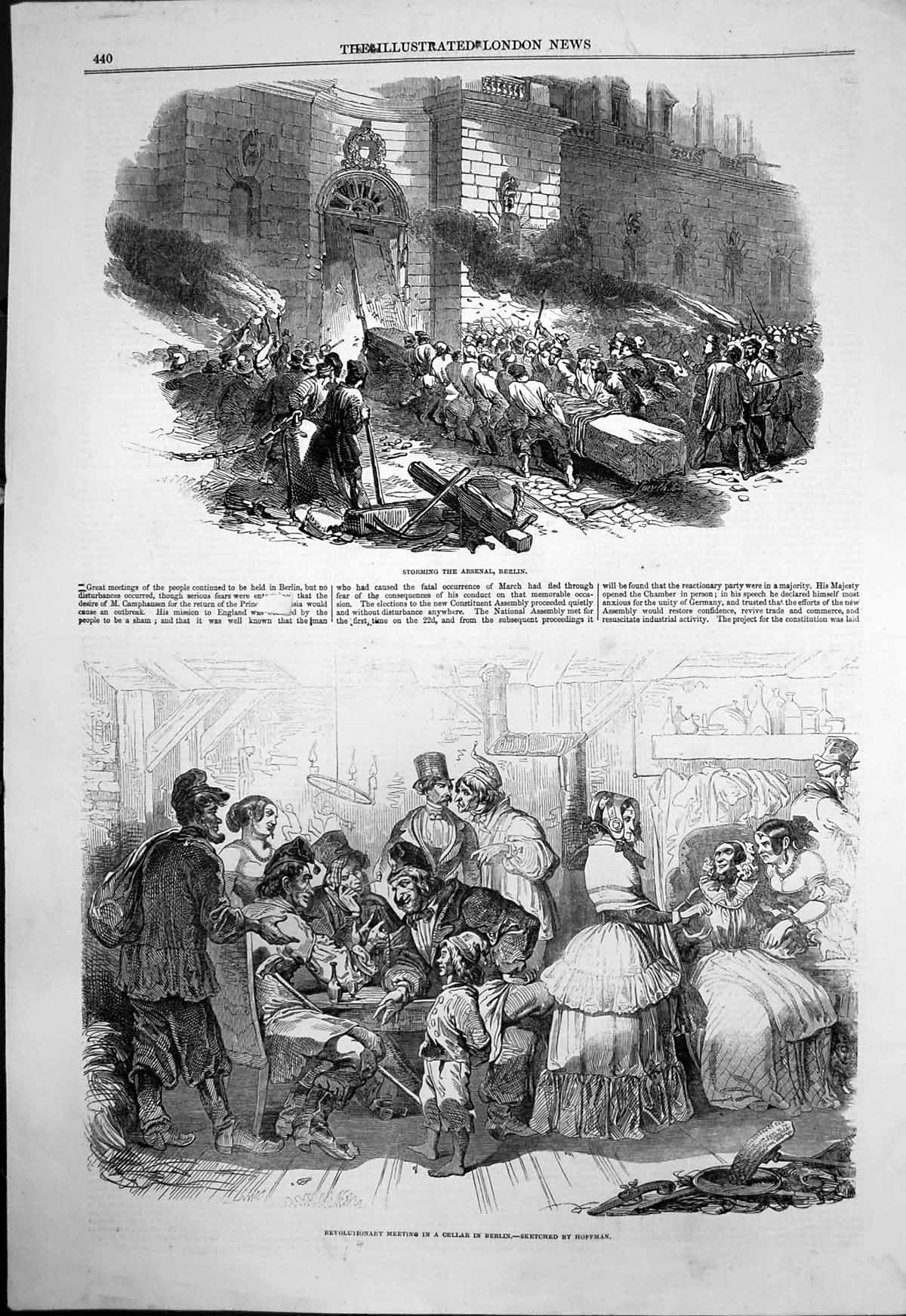 Antique Old Print Berlin Storming Arsenal Revolutionary Meeting Cellar C 1870