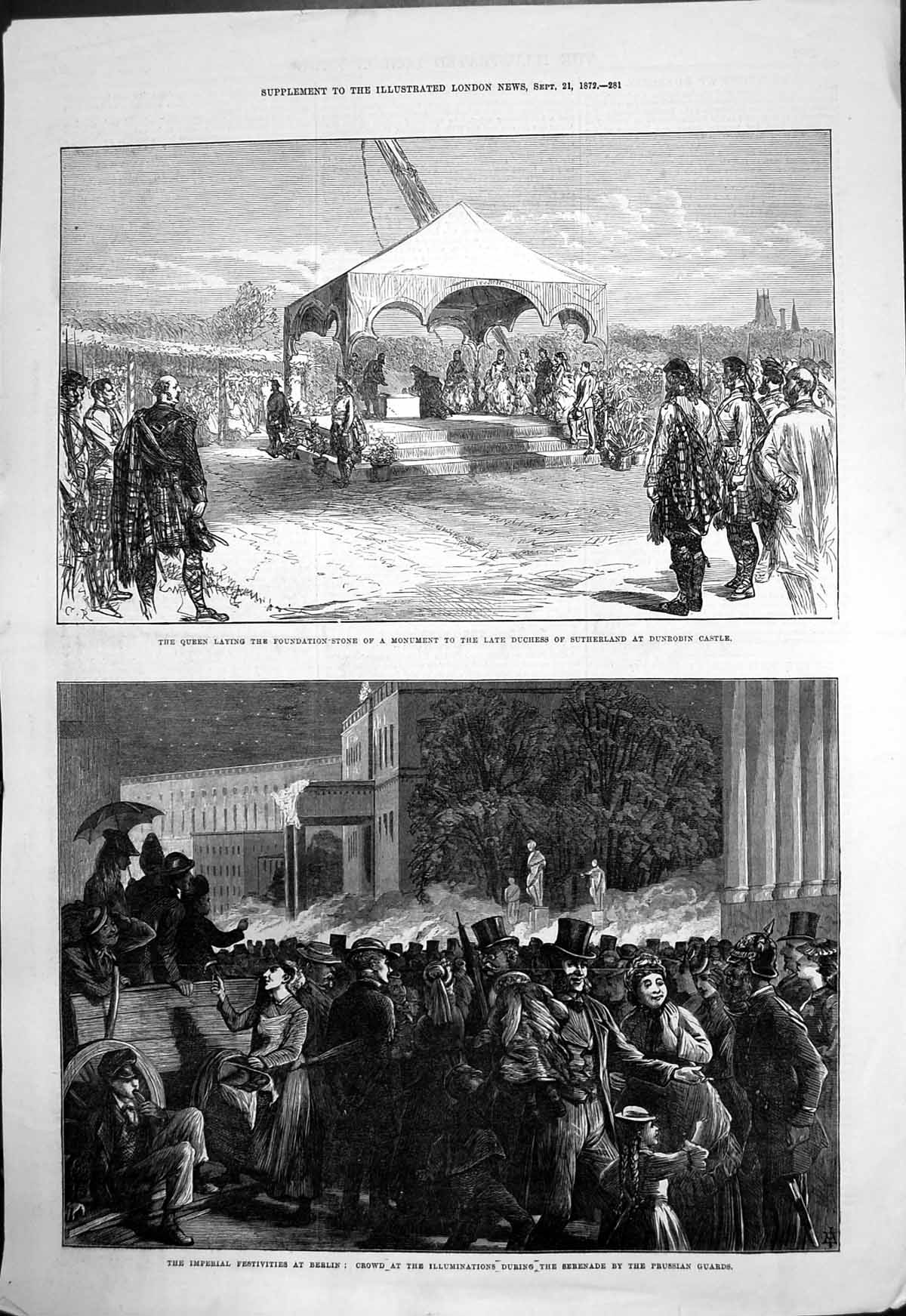 Old Print Imperial Festivities Berlin Queen Monument Dunrobin Castle 1872 19th