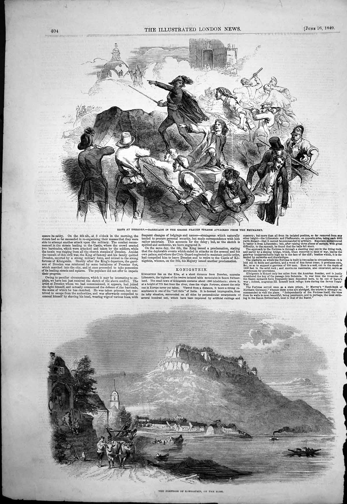 Old Print Fortress Konigstein Elbe Riots Dresden Barricade Neumarket1849 19th
