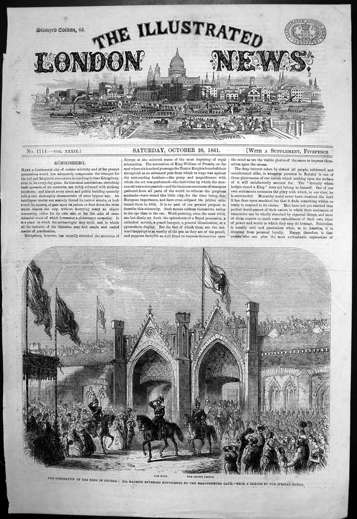 Antique Old Print Coronation King Prussia Konigsberg Brandenburg Gate 1861 19th