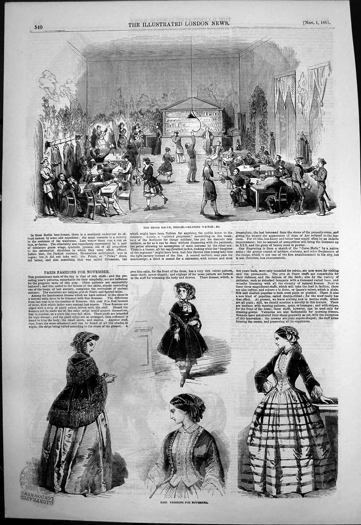 Old Print Corso Halle Berlin Skating Waitress Paris Fashions November1851 19th