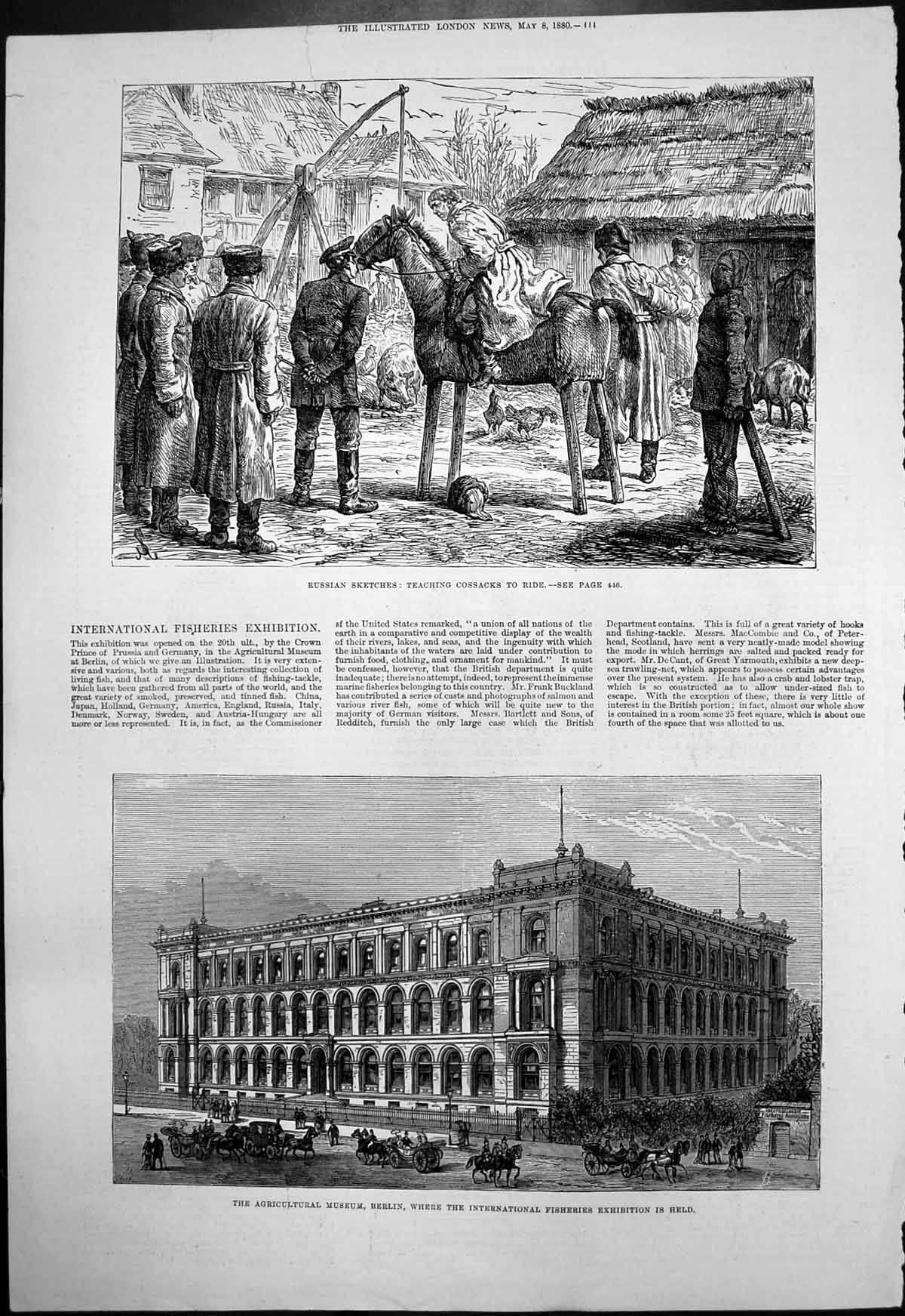 Old Antique Print Teaching Cossacks Ride Agricultural Museum Berlin 1880 19th