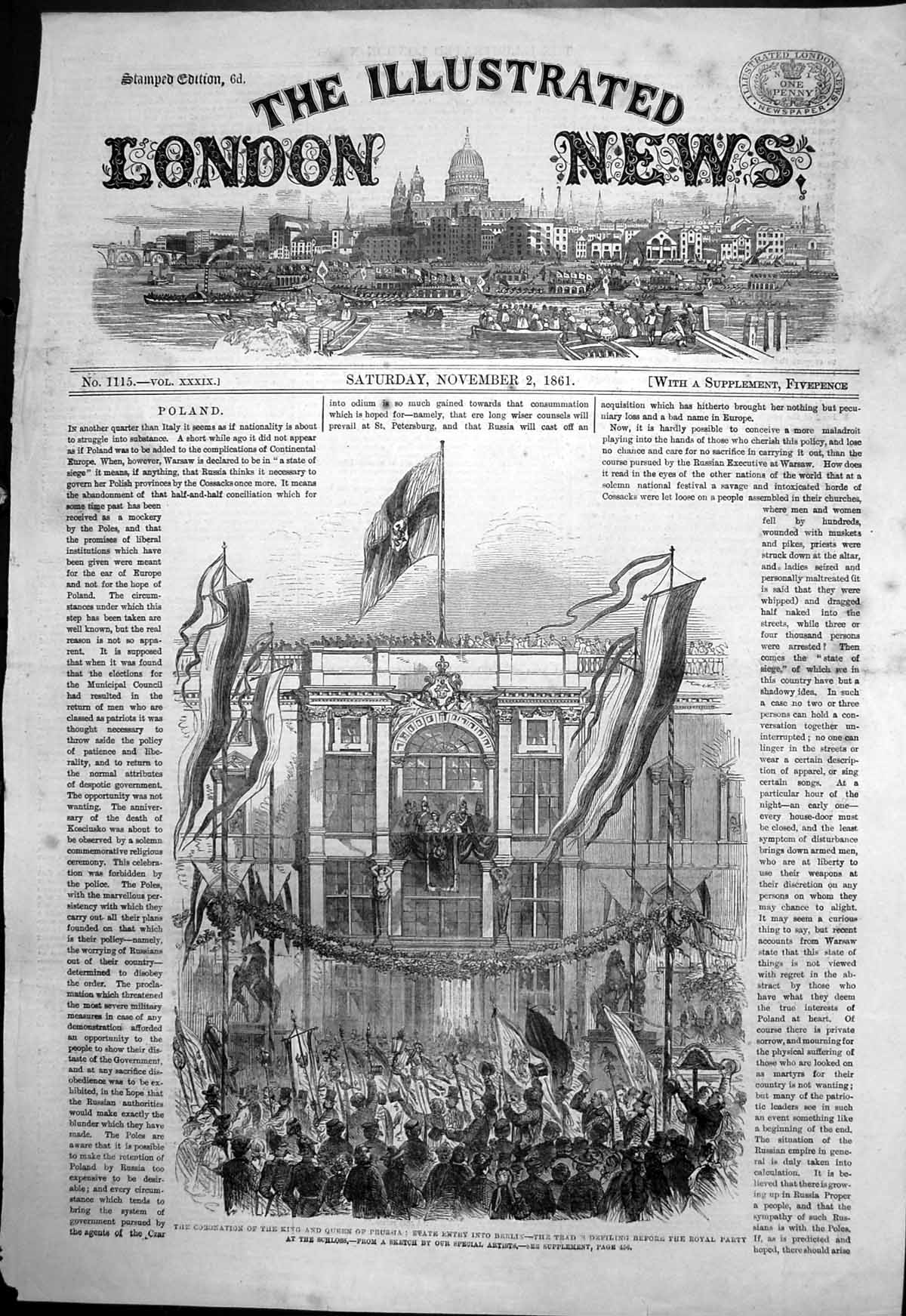 Old Antique Print Coronation King Queen Prussia State Entry Berlin 1861 19th
