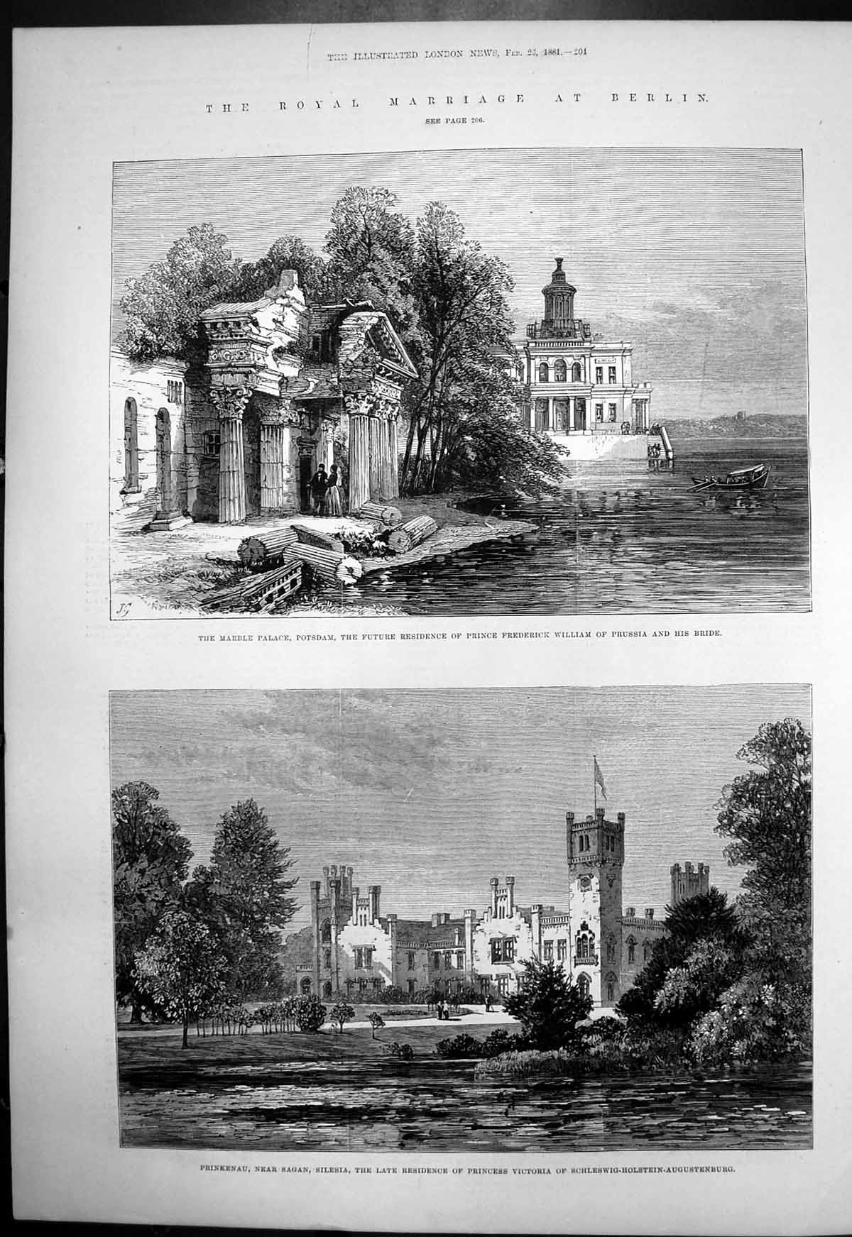 Original Old Antique Print Marble Palace Potsdam Prinkenau Sagan Silesia 1881