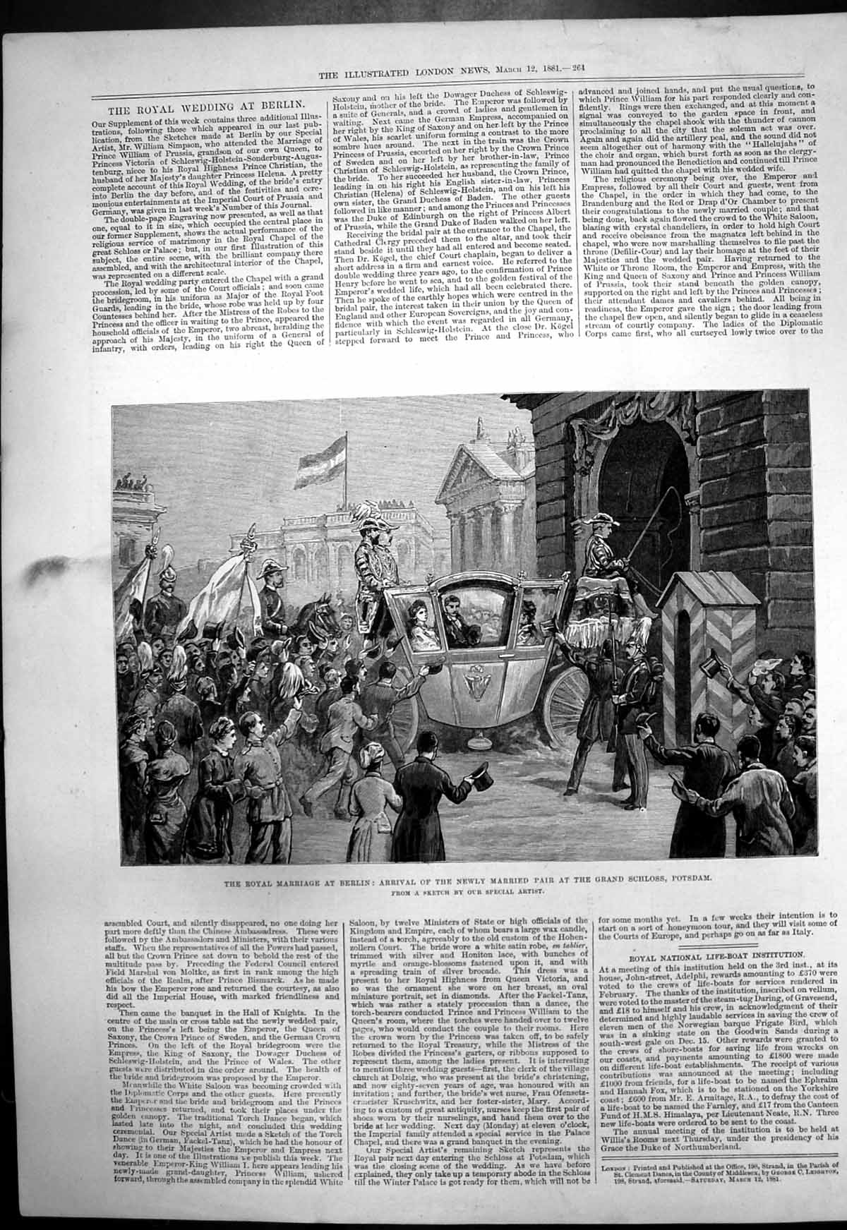 Antique Old Print Royal Marriage Berlin Arrival Grand Schloss Potsdam 1881 19th