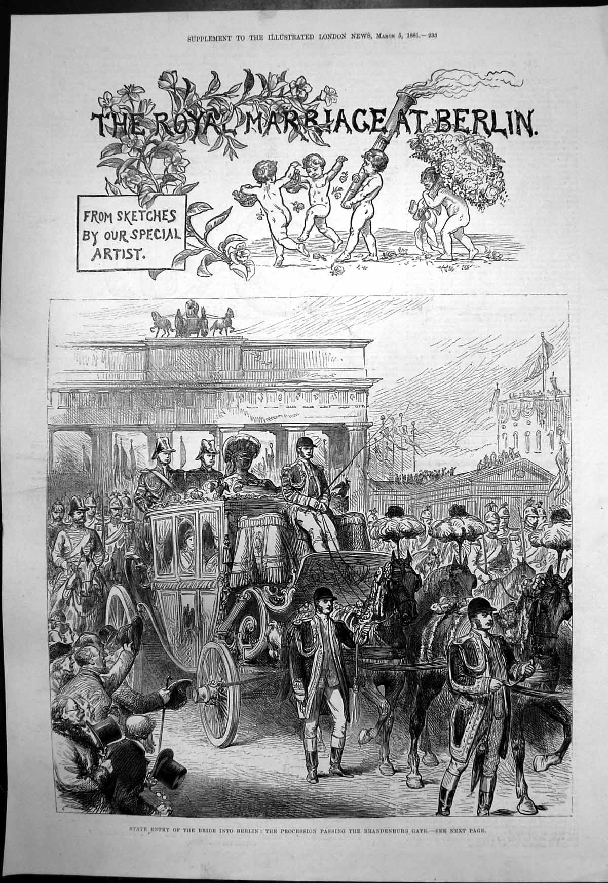Old Antique Print Royal Marriage Berlin Procession Brandenburg Gate 1881 19th