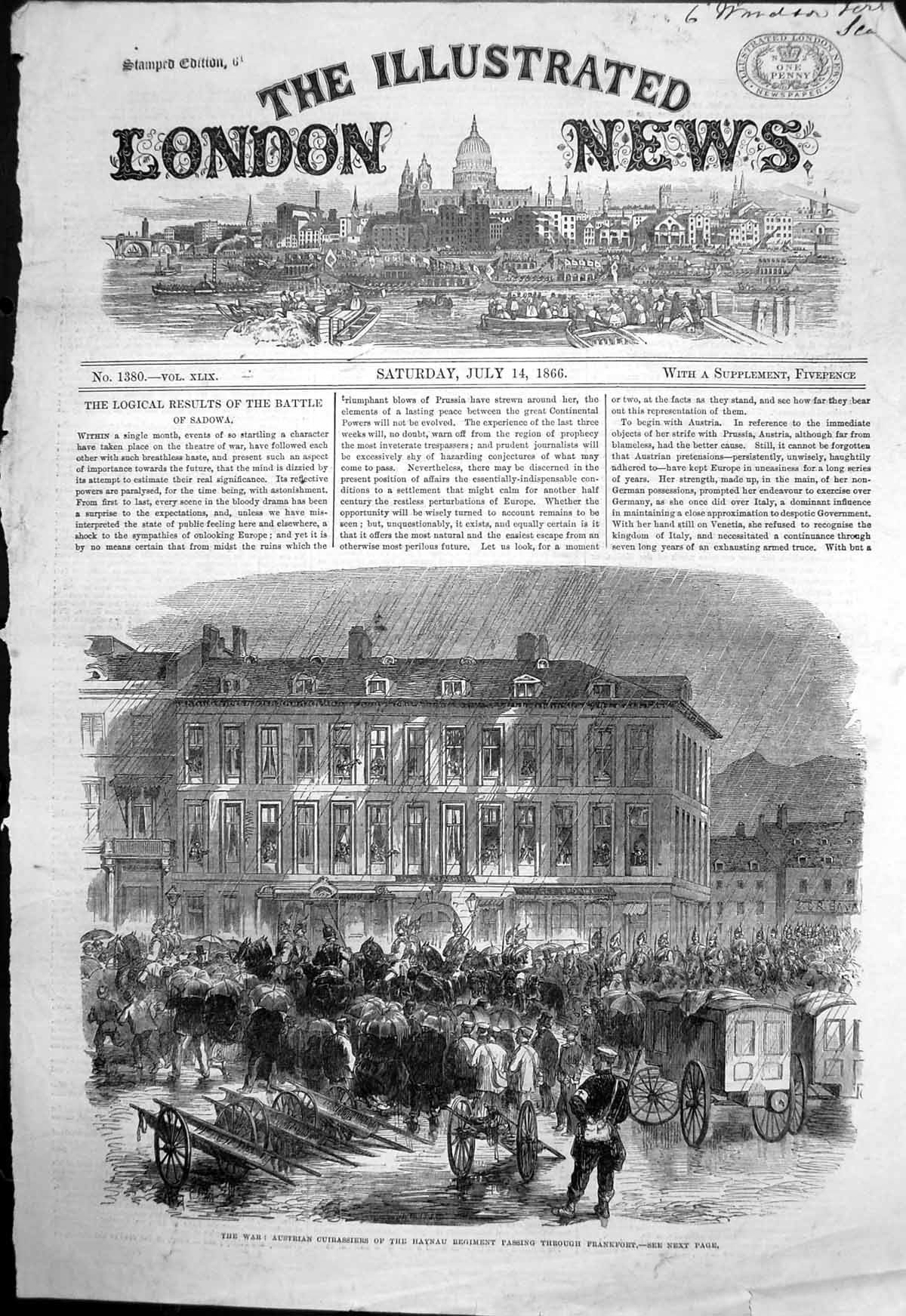 Old Antique Print War Austrian Cuirassiers Haynau Regiment Frankfort 1866 19th