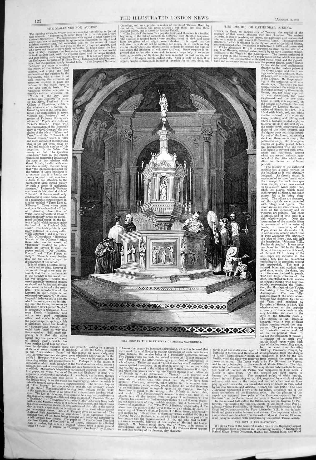 Original Old Antique Print Font Baptistery Sienna Cathedral During Baptism 1860
