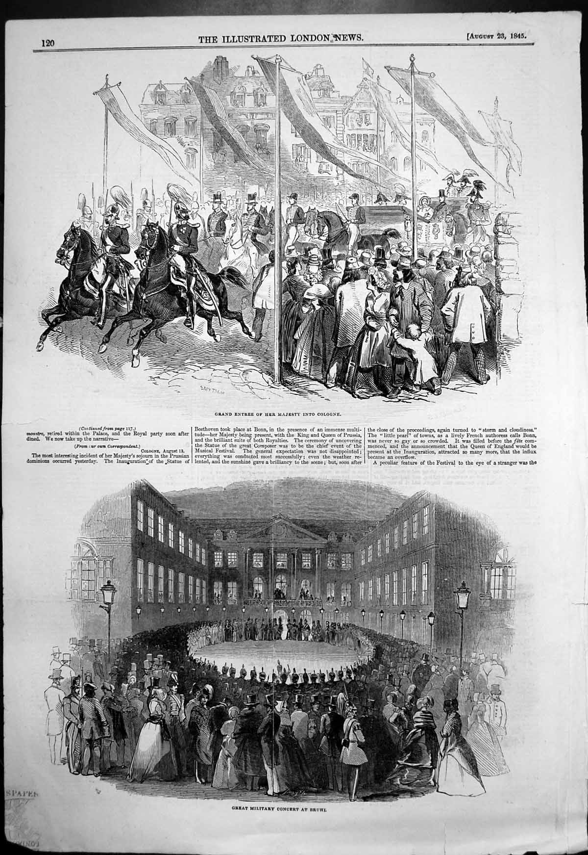 Antique Print Grand Entree Queen Cologne Great Military Concert Bruhl 1845 19th