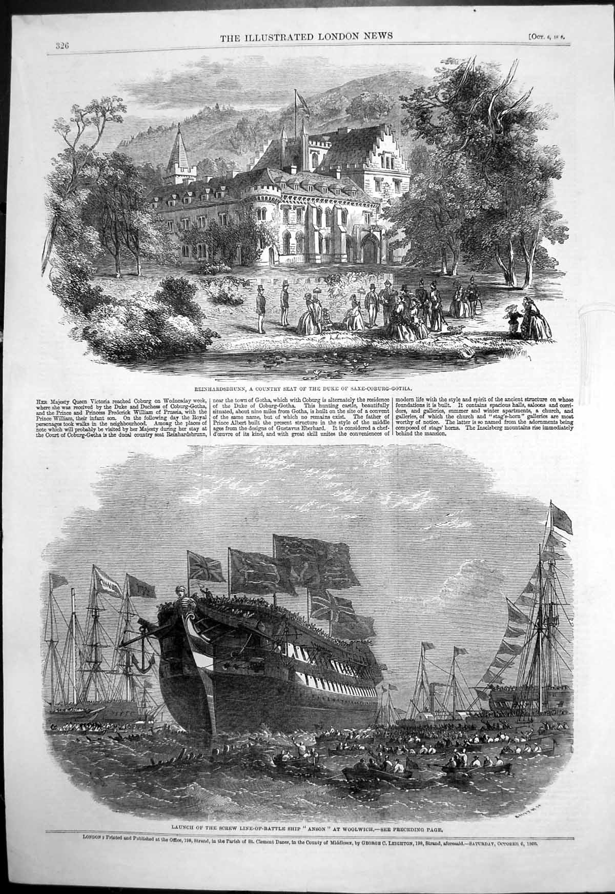 Old Antique Print Launch Battle Ship Anson Woolwich Reinhardsbrunn 1860 19th