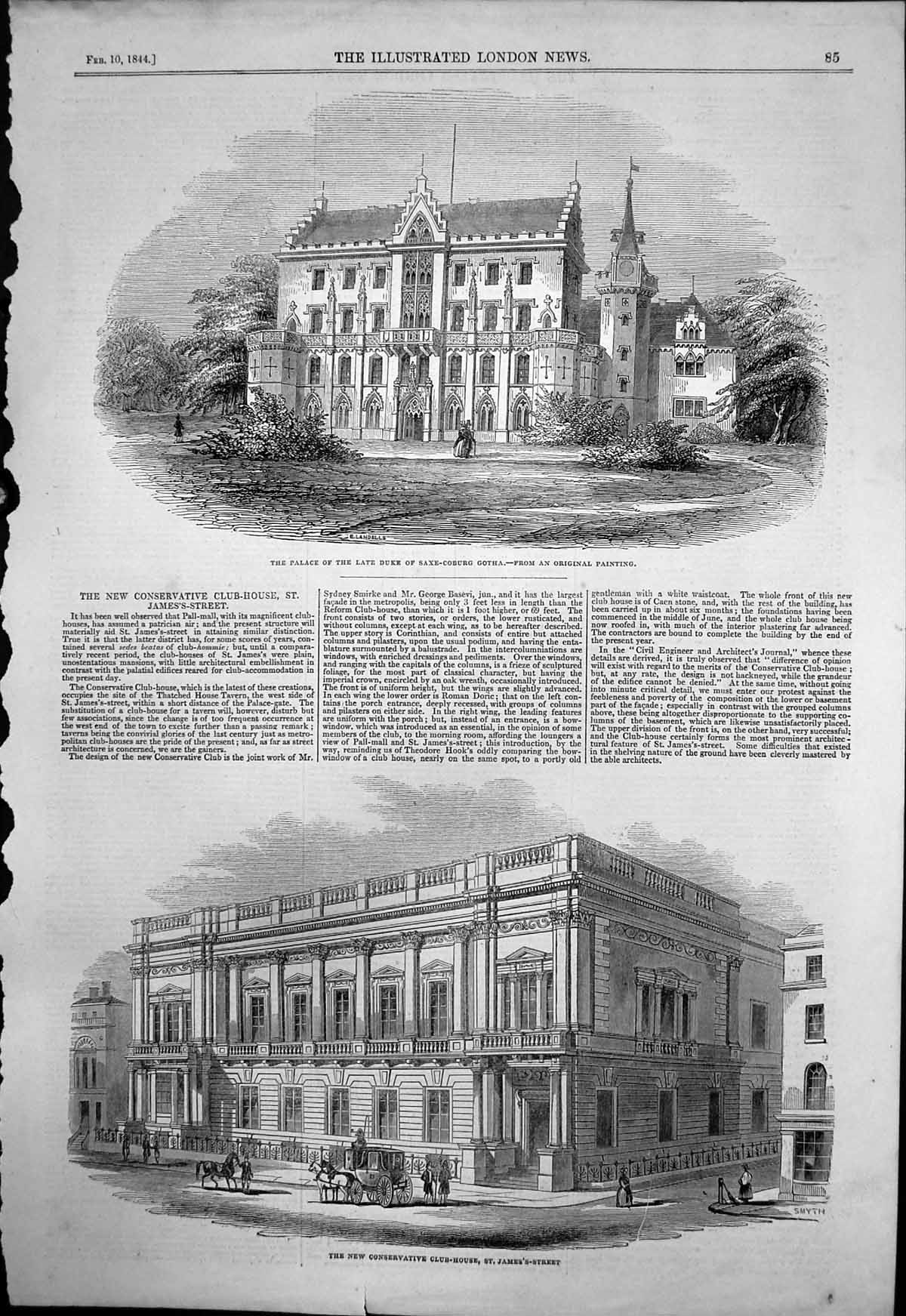 Antique Old Print Palace Duke Saxe-Coburg Gotha Conservative Club House 1844