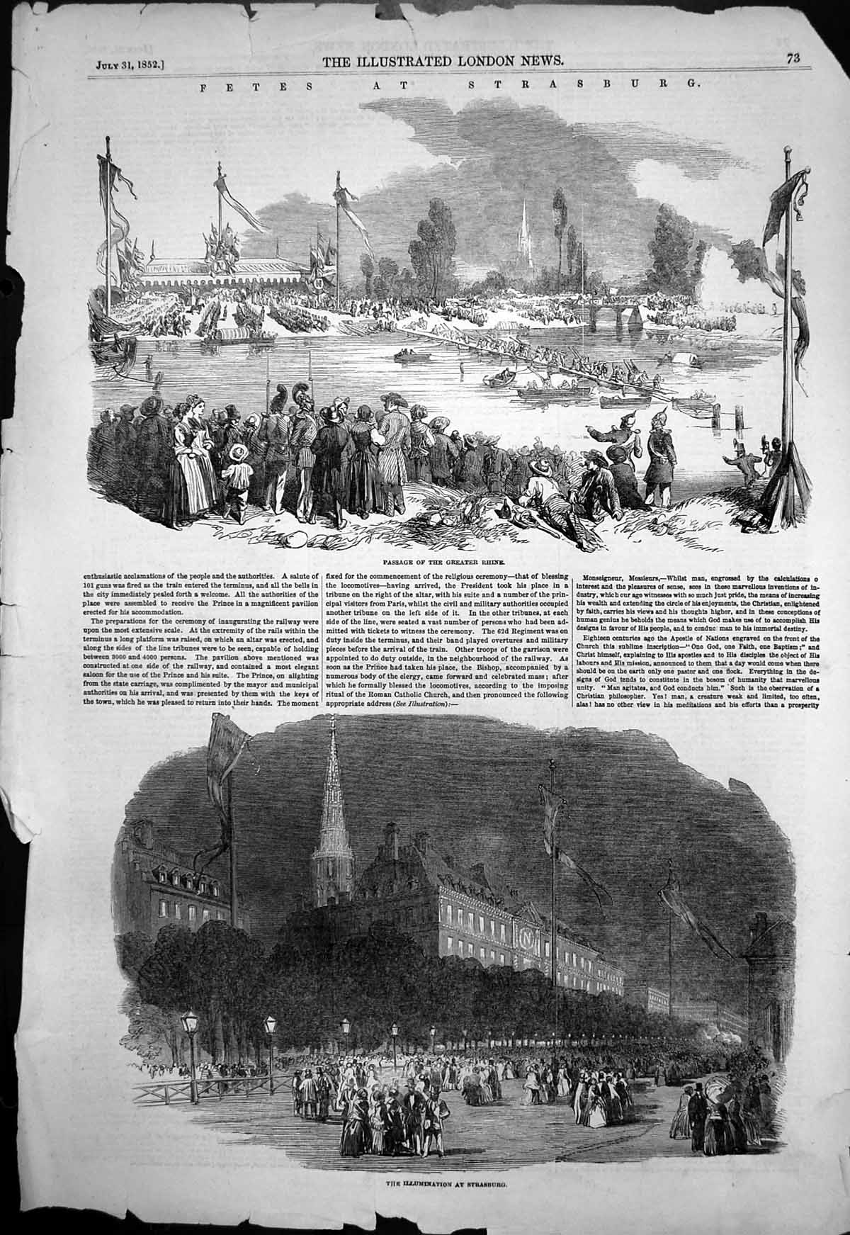 Original Old Antique Print Passage Greater Rhine Illumination Strasburg 1852