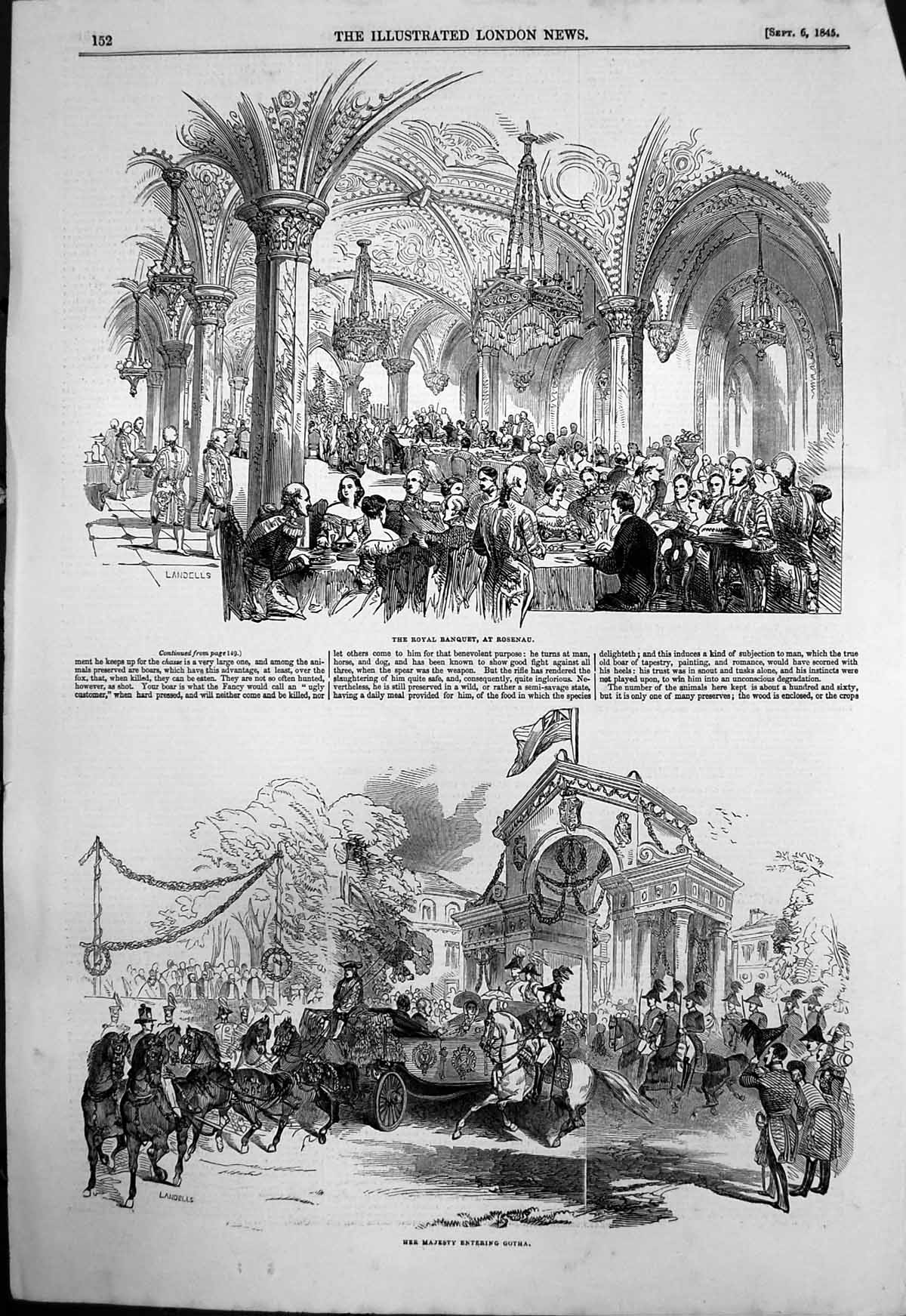 Old Antique Print Royal Banquet Rosenau Her Majesty Entering Gotha 1845 19th
