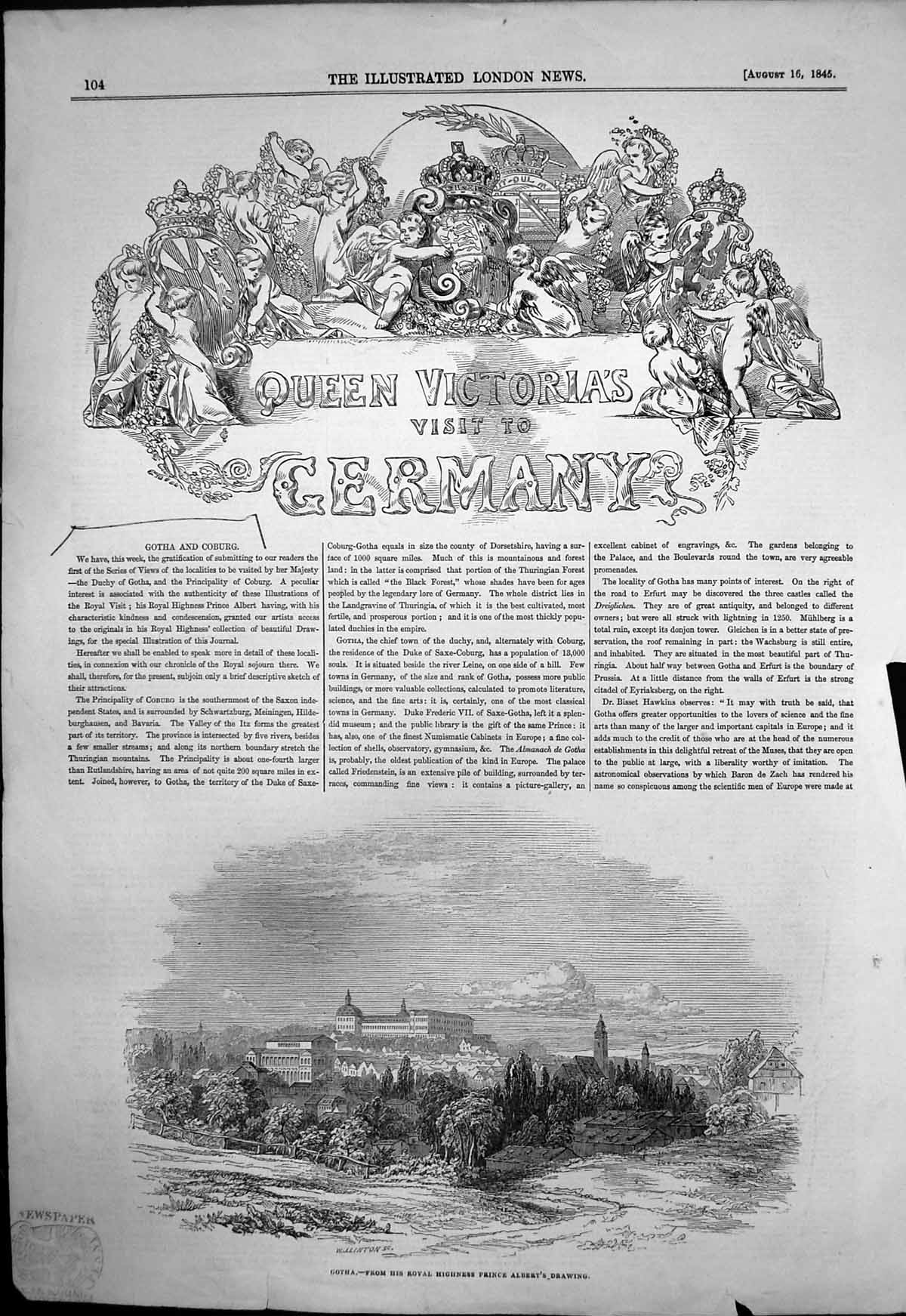 Original Old Antique Print Queen Victoria Visit Germany City Gotha 1845 19th