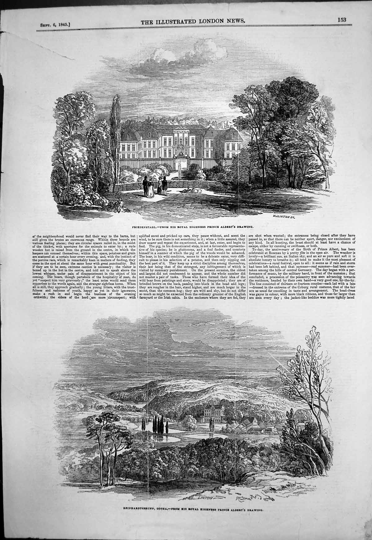 Antique Print Friedenstahl Reinhardtsbrunn Gotha Drawing Prince Albert 1845