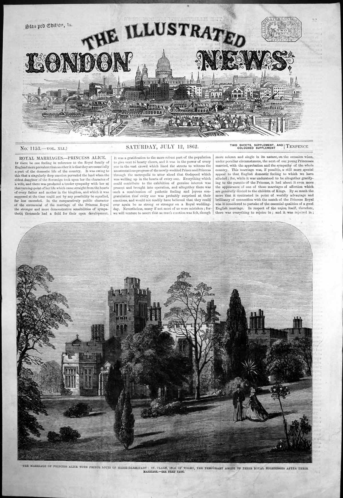Old Print Marriage Princess Alice Prince Louis St Claire Isle Wight 1862 19th