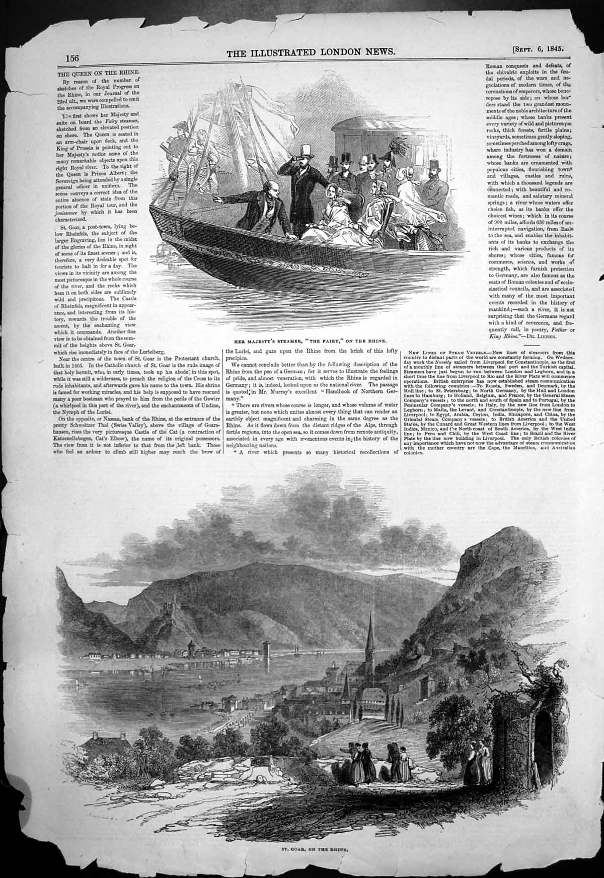 Original Old Antique Print Her Majestys Steamer Fairy Rhine St Goar Rhine 1845