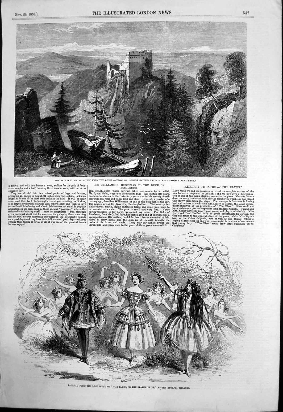 Antique Old Print Alte Schloss Baden Elves Statue Bride Adelphi Theatre 1856