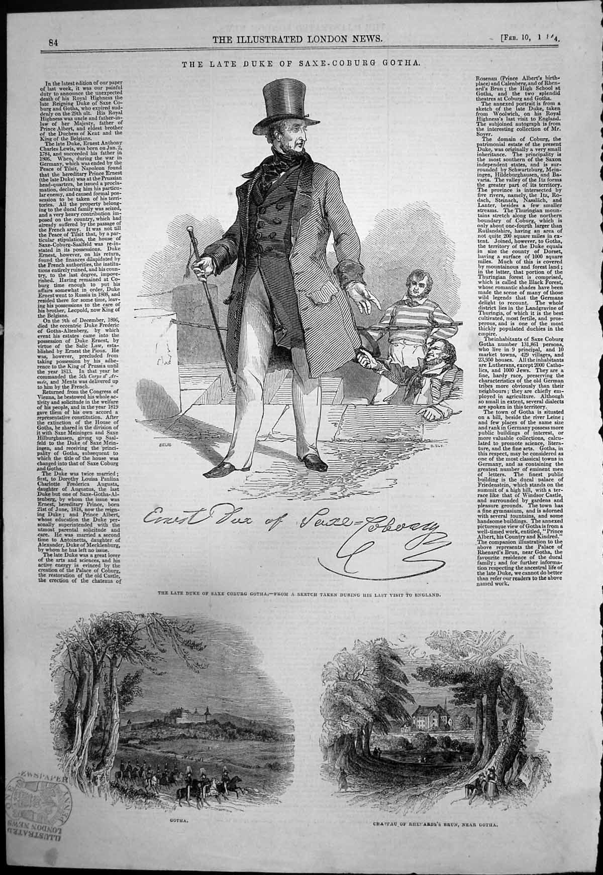 Old Antique Print Duke Saxe Coburg Gotha Chateau Rhenards Brun Gotha 1844 19th