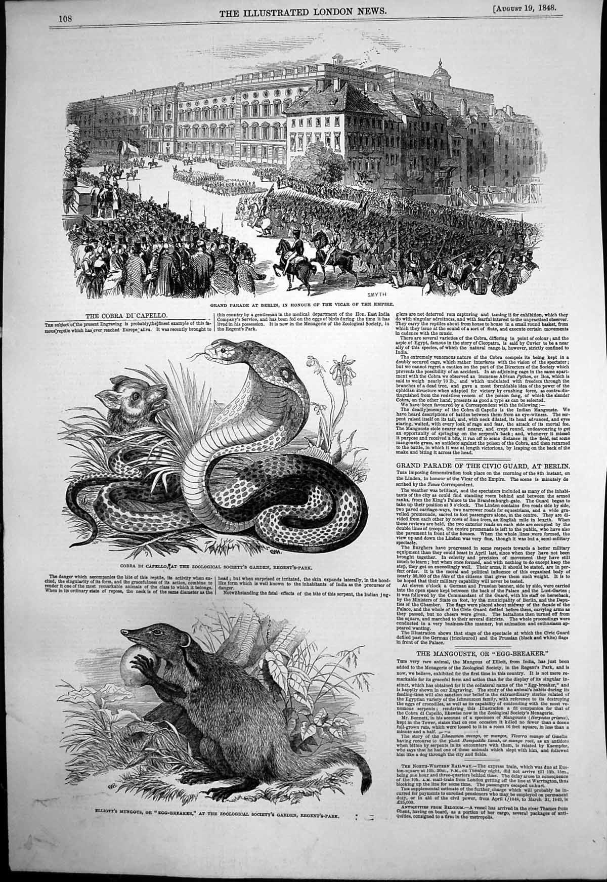 Antique Print Grand Parade Berlin Vicar Empire Cobra Elliotts Mungous 1848 19th