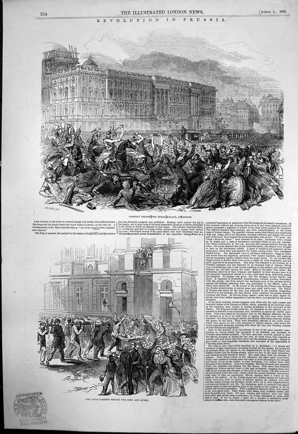 Antique Old Print Revolution Prussia Conflict Royal Palace Berlin Dead 1848