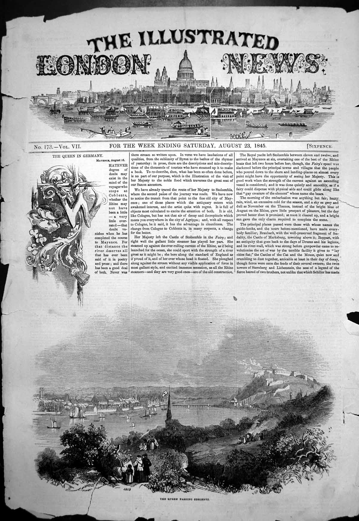 Original Old Antique Print Queen Germany Passing Coblentz River 1845 Victorian