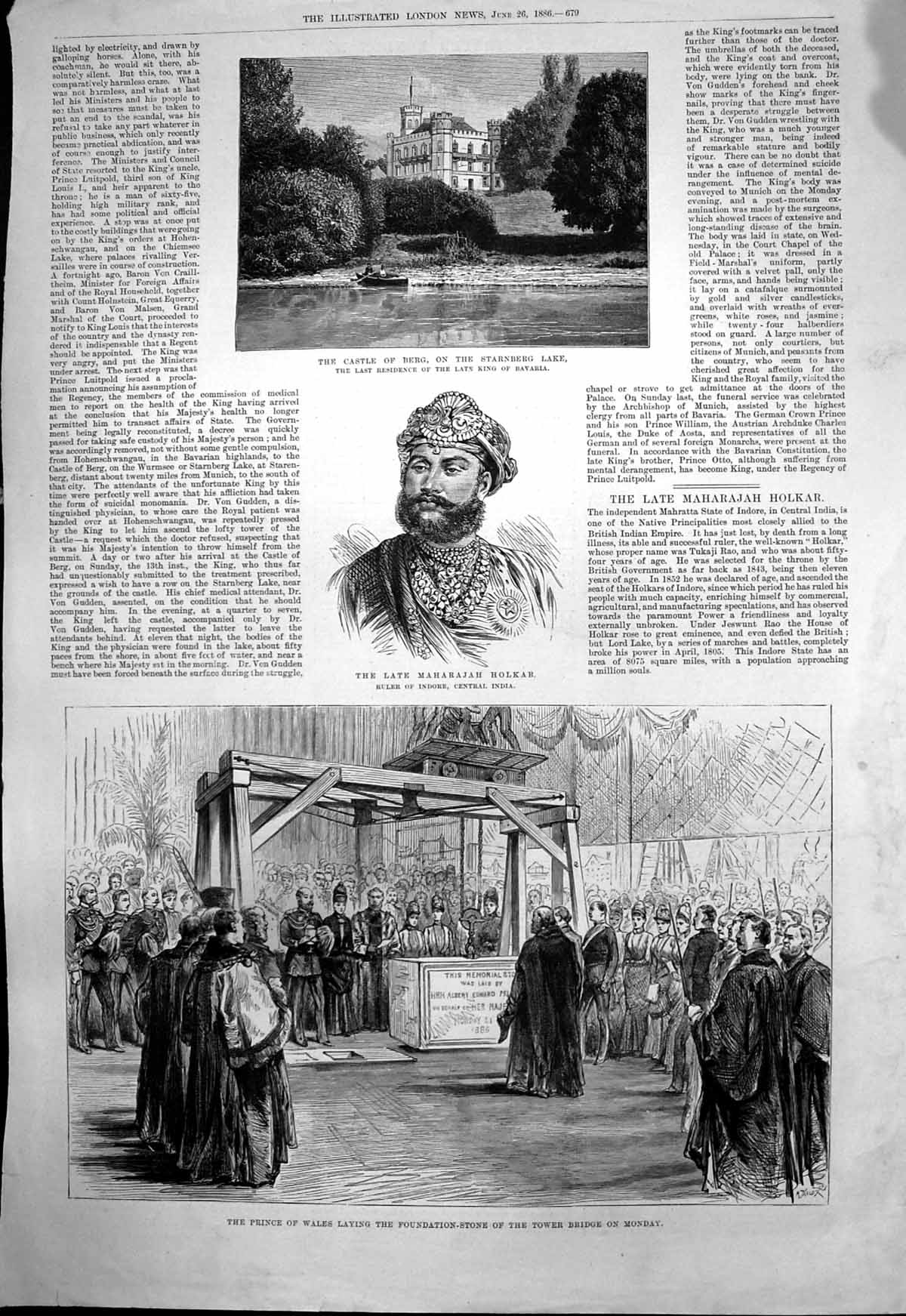 Antique Old Print Prince Wales Foundation Stone Tower Bridge Castle Berg 1886