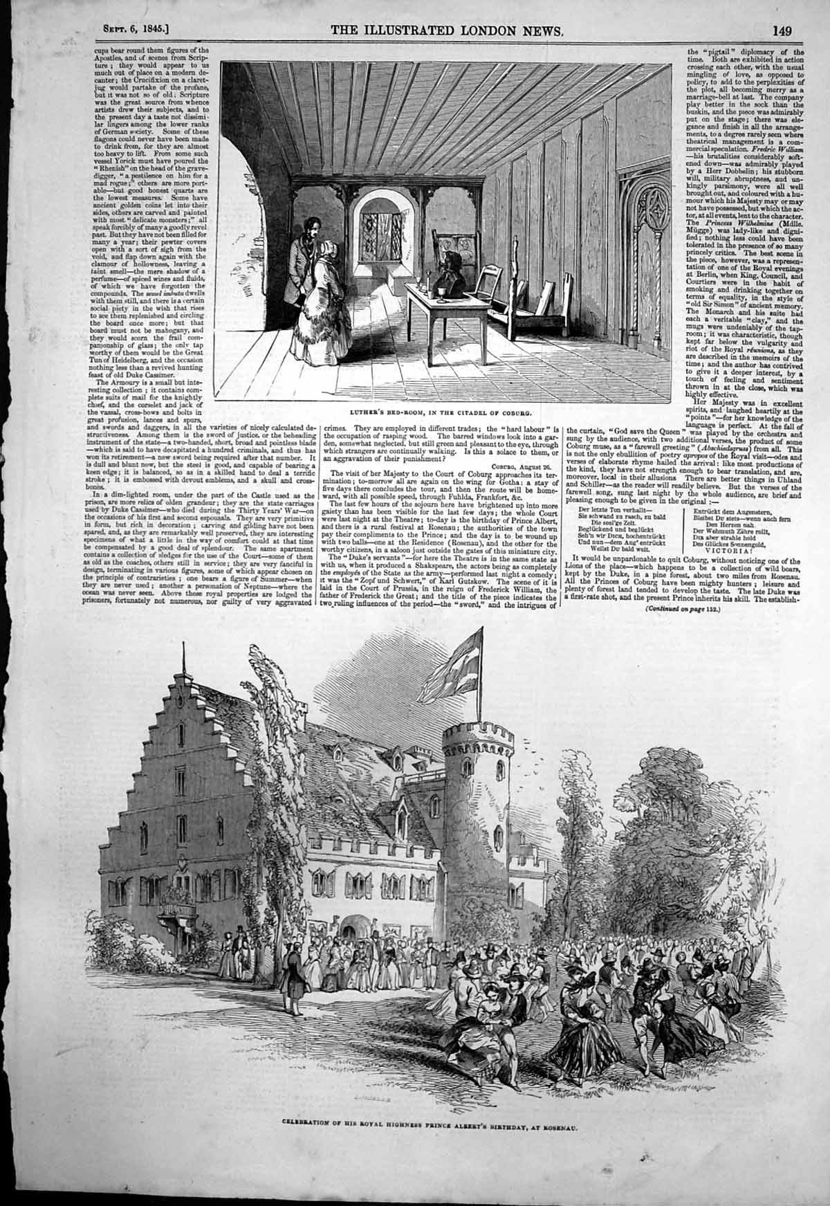 Antique Old Print Luthers Bedroom Citadel Coburg Prince Albert Rosenau 1845
