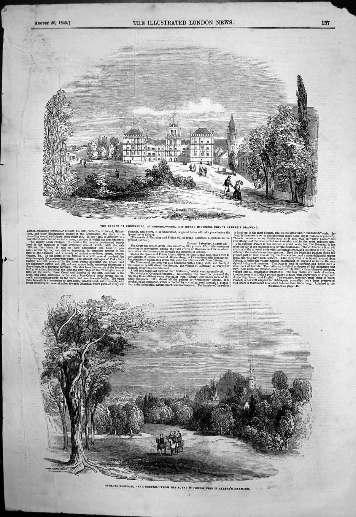 Original Old Antique Print Palace Errenburg Coburg Schloss Rosenau Coburg 1845