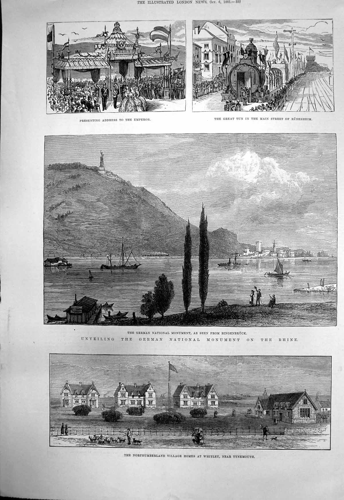 Antique Old Print Unveiling German Monument Rhine Great Tun Rudesheim 1883 19th