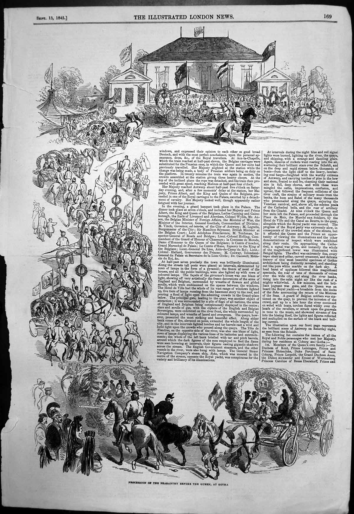 Original Old Antique Print Procession Peasantry Before Queen Gotha 1845 19th