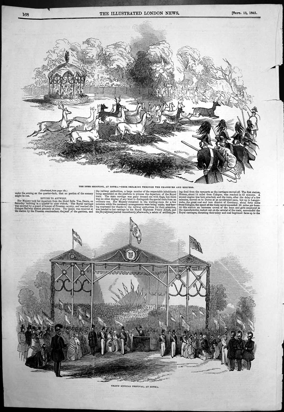 Old Antique Print Grand Musical Festival Gotha Deer Shooting Gotha 1845 19th