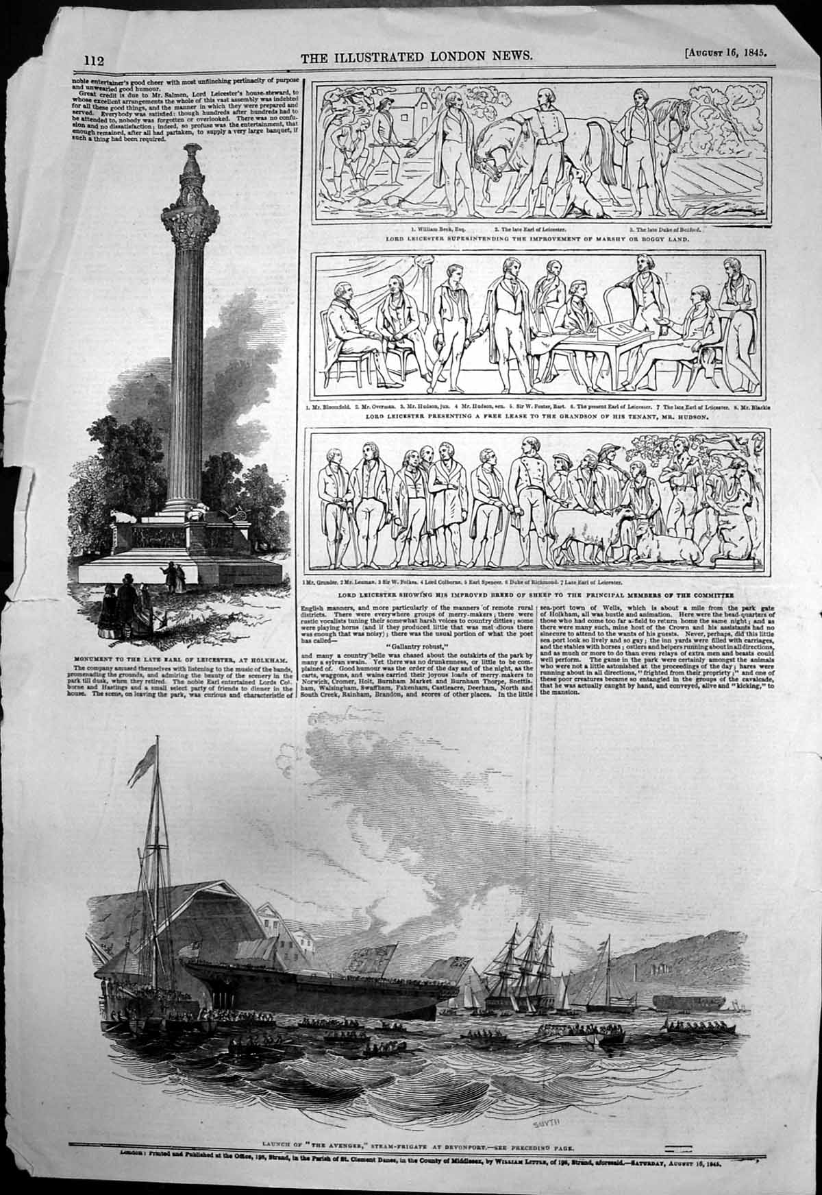 Antique Print Launch Avengerfrigate Devonport Monument Earl Leicester 1845 19th