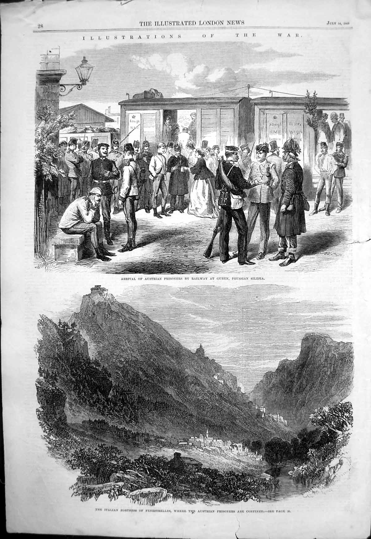 Antique Old Print Austrian Prisoners Guben Italian Fortress Fenestrelles 1866