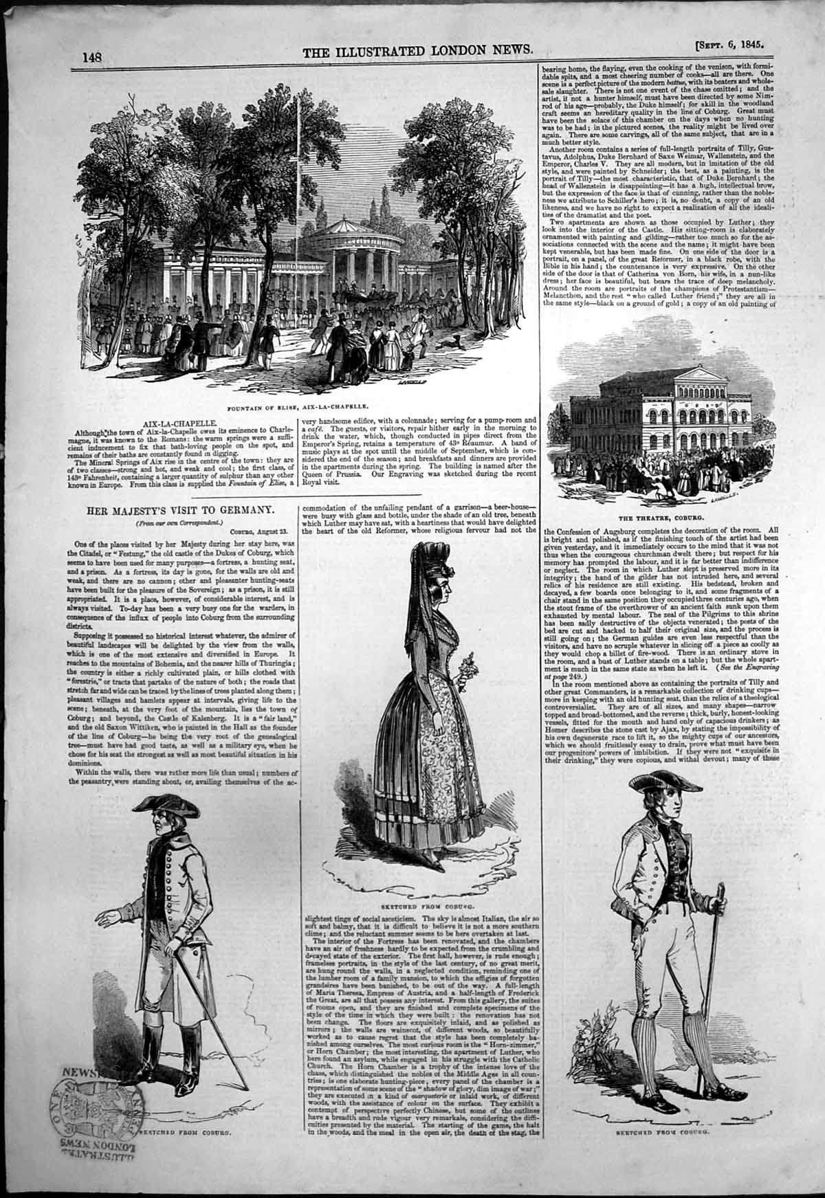 Original Old Antique Print Theatre Coburg Fountain Elise Aix-La-Chapelle 1845