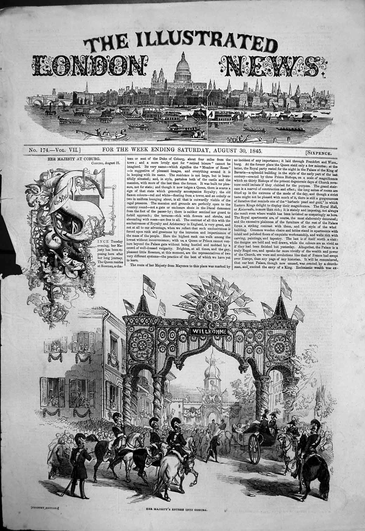 Original Old Antique Print Wilkomme Her Majestys Entree Coburg 1845 Victorian
